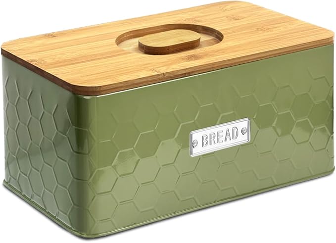 vensovo Bread Box for Countertop – Large Green Metal Bread Bin with Bamboo Cutting Board Lid, Farmhouse Bread Storage Container for Homemade Bread, Baked Goods & Kitchen Counter Organization