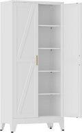 COFaR 71 in Tall Metal Storage Cabinet, Metal Cabinet with 4 Adjustable Shelves and Barn Doors, Farmhouse Cupboard Storage for Kitchen Pantry Garage Laundry, White 5-Tier