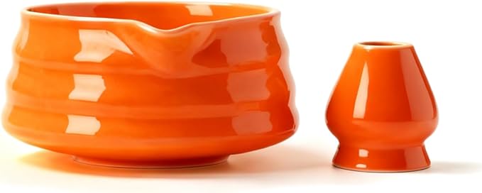 Matcha Bowl with Pour Spout & Whisk Holder, Traditional Japanese Ceramic Chawan Tea Set, Thick Non-Slip Matcha Mixing Bowl for Whisking & Pouring, Tea Ceremony Gift (Orange)