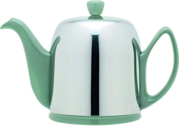 Degrenne Luxury French Tea Pot - Porcelain Teapot with Removeable Aluminum Infuser, Ceramic Tea Kettle for Loose Tea, Stainless Steel Cover, 6 Cup Capacity, 36oz - Green