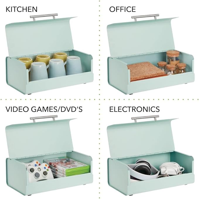 mDesign Metal Bread Box Bin with Hinged Lid - for Kitchen Countertop, Island and Pantry - Large Capacity Storage, Vintage-Inspired Design - Multi-Purpose Storage Container for Home - Mint Green