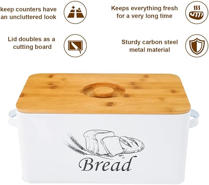 SOTECH Bread Box with 3pcs Jars Coffee Sugar Tea for Kitchen Countertop White Metal Bread Box with Bamboo Board Cover Pastry Storage Container Set Kitchen decor (bread box with jars and Butter Dish)