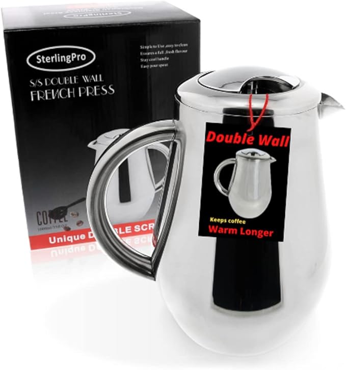 French Press Coffee Maker (1L) - Double Walled 18/10 Large Coffee Press with 2 Free Filters - Enjoy Granule-Free Coffee Guaranteed, Stylish Rust Free Kitchen Accessory - Stainless Steel French Press