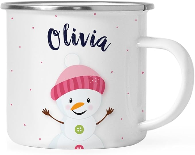Andaz Press Personalized Name 11Oz. Kids Christmas Hot Chocolate Stainless Steel Campfire Coffee Mug, Charming Snowman Pink Hat Hello, 1-Pack, Custom Birthday Xmas Cup Hot Cocoa Mugs Christmas Mugs