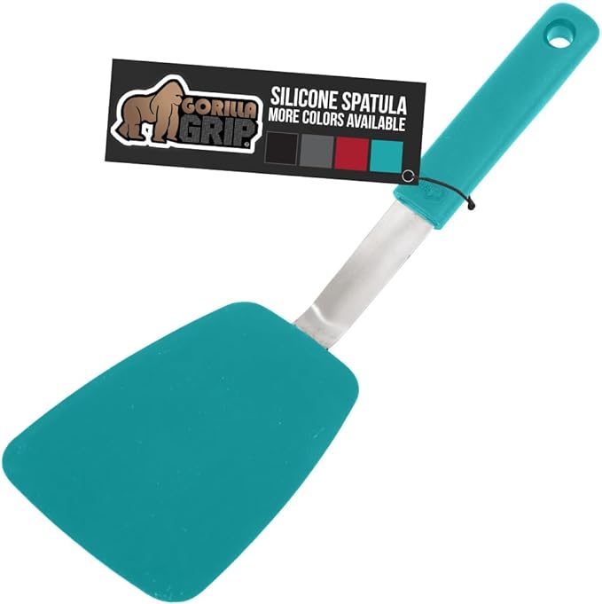 GORILLA GRIP Food Grade Flexible Silicone Spatula, Heat Resistant Head for Nonstick Frying Pan, Patented Soft Rubber Handle for Comfort, Non-Scratch Kitchen Turner, Flip Eggs, 11.6 in, Turquoise