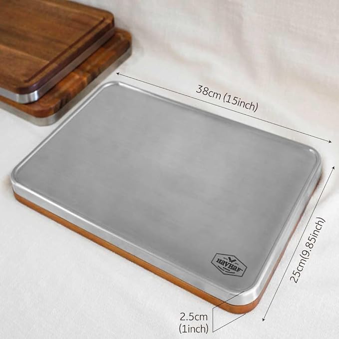 Stainless Steel Cutting Boards For Kitchen With Lip(Wood & Metal, 15"x10") - Non Plastic Non Toxic Acacia Wooden Double Sided Cutting Chopping Boards For Kitchen For Defrost | Best Gift Idea