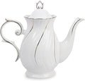 tea pot ceramic with lid, 38.8 Oz for Tea, Milk, Coffee, Flower tea(White with gold thread)