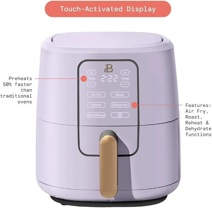 Beautiful by Drew Barrymore 6-Quart Digital Air Fryer, TurboCrisp Technology, Touch-Activated Display, 1750W, 90–400°F, Dishwasher-Safe Basket (LAVANDER)