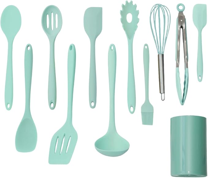 Kitchen Silicone Utensil Set | 12Pcs Silicone Cooking Utensils Set | Food Grade Safety Silicone Kitchen Tools | Heat Resistant | Nonstick Utensils | Dishwasher Safe (Aquamarine)