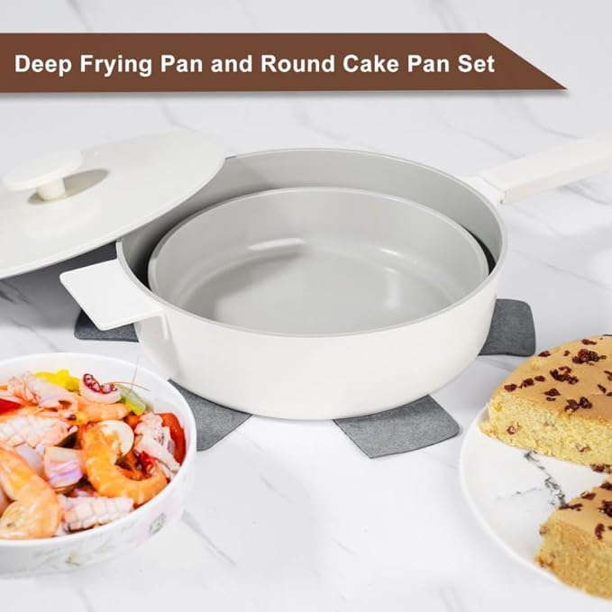 11 Inch All in One Pan with Lid Ceramic Nonstick and 9.5 Inch Circle Pan,Multifunctional Cookware for Vertasile Cooking and (Beige)