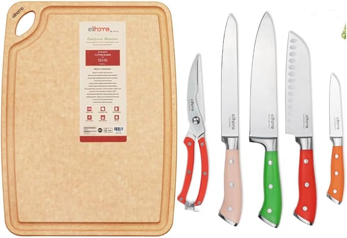Elihome Large Dishwasher Safe Cutting Board Set with 5-piece Premium Stainless Colorful handle Steel Knife Set