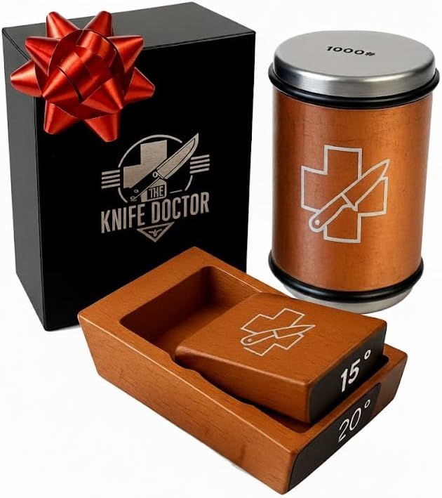 The Knife Doctor™- Professional Rolling Knife Sharpener Kit - Two-Piece Wooden Block Knife Sharpening System for Kitchen, Japanese & Pocket Knives - 15-20 Degree Angles with Magnetic Guide & 3 Discs
