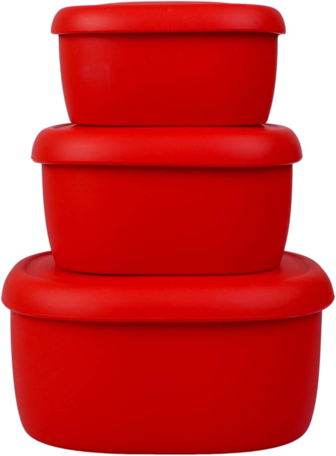 BLUE GINKGO Nesting Silicone Containers - Set of 3 Hard-Shell Silicone Food Storage Containers | BPA Free, Airtight, Dishwasher and Freezer Safe (6.7oz, 10oz, 20oz) - Red