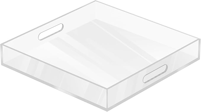MAONAME Acrylic Serving Tray with Handles, 12"X12" Square Clear Tray, Ottoman Decorative Trays, Coffee Table Trays for Countertop, Living Room, Office