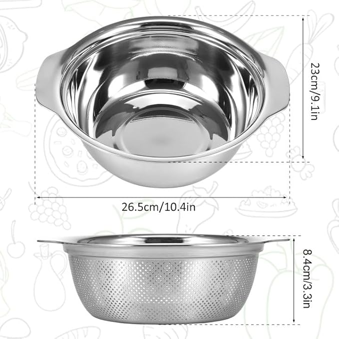 Stainless Steel Microporous Colander for Kitchen, 2.5QT Large Capacity, Colander and Bowl Set of Two, Stainless Steel Drain Basket with Mixing Bowl, for Washing Fruits and Vegetables