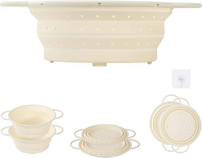 Kkioiome Strainers and Colanders, Silicone Collapsible Sink Collander, 13in, Strainers and Colanders for Kitchen, Large Drainer for Vegetable, Food, Pasta (White)