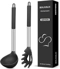 Silicone Pasta Fork and Soup Ladle Set, Non-Stick BPA Free Heat-Resistant Handy Kitchen Utensils for Cooking, Serving, Draining, Stirring (Black)