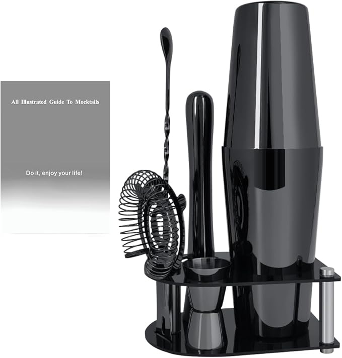 5 Piece Cocktail Shaker Bartender Kit: 750/600ml(25/20oz) Cocktail Shaker Set with Stand, Drink Mixing Includes Martini Shaker,Strainer,Jigger,Bar Mixer Spoon,Muddler Bar Tool Set (Black)