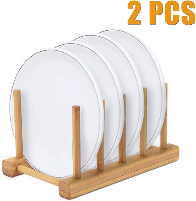 YWSHF 2 PCS Bamboo Wooden Dish Rack Dishes Drainboard Drying Drainer Storage Holder Stand Kitchen Cabinet Organizer for Dish/Plate/Bowl/Cup/Pot Lid/Book