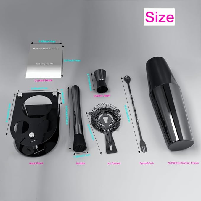 5 Piece Cocktail Shaker Bartender Kit: 750/600ml(25/20oz) Cocktail Shaker Set with Stand, Drink Mixing Includes Martini Shaker,Strainer,Jigger,Bar Mixer Spoon,Muddler Bar Tool Set (Black)