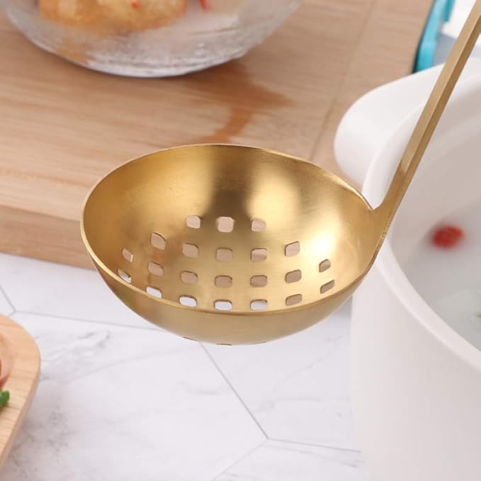 Buyer Star 2 Pcs Soup Ladle Colander, Gold Black Cookware Serving Long Handle Steel Slotted Spoon Cooking Utensil Set for Hotpot