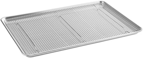 Full Size Aluminum Sheet Pan with Stainless Steel Cooling Rack, 18 Gauge, 18x26 Inch, Wire Rim, Silver, Rectangle, Oven and Freezer Safe