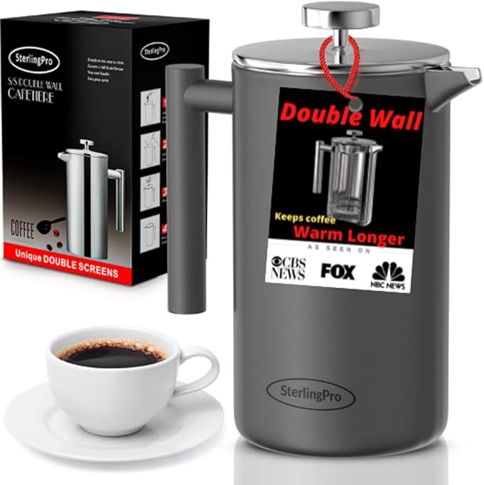 Stainless Steel French Press Coffee Maker Large 1.5 L(51 oz) Gray – Durable Double Walled Insulated Coffee Press Keeps Drinks Hot, Easy to Use and Clean Stylish Design for Rich Flavor