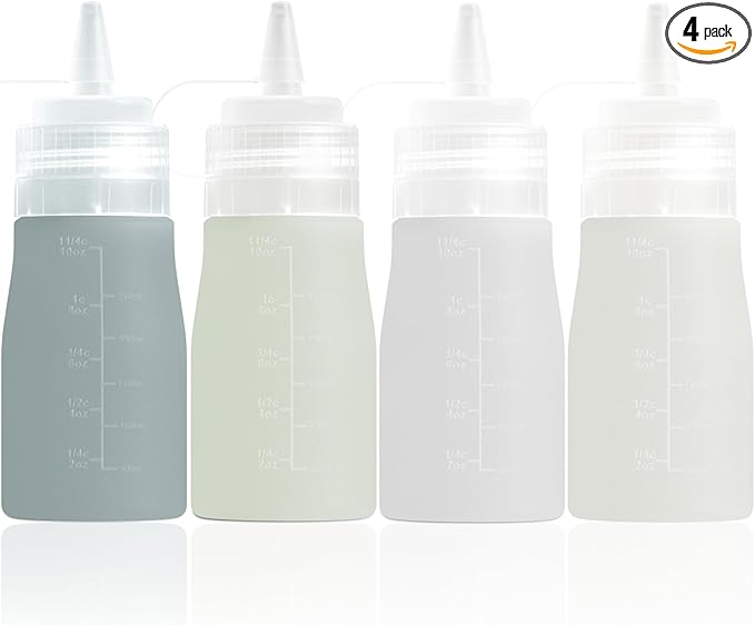 Condiment Squeeze Bottles, 12 oz Silicone Squeeze Bottles For Sauces, Leak Proof Condiment Containers with Extra Interchangeable lid, Easy Squeeze for Oil, Honey & Dressings, BPA FREE (4 Pack)