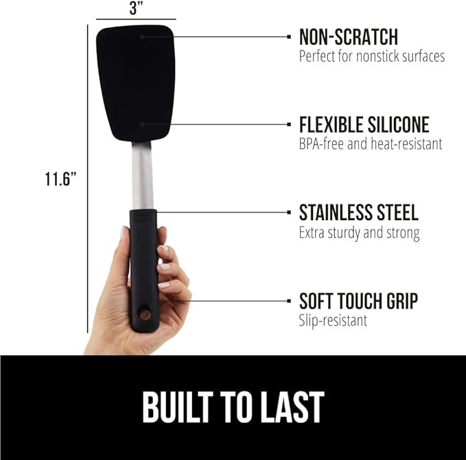 GORILLA GRIP Food Grade Flexible Silicone Spatula, Heat Resistant Head for Nonstick Frying Pan, Patented Soft Rubber Handle for Comfort, Non-Scratch Kitchen Turner, Flip Eggs Burgers, 11.6 in, Black