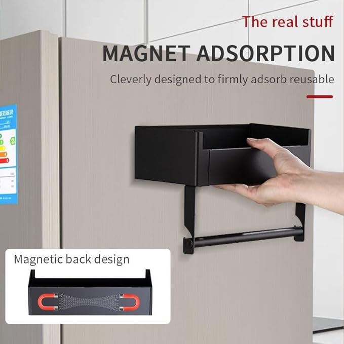 Magnetic Spice Rack for Refrigerator, Magnetic Spice Organizer Rack with Paper Towel Holder Shelf for Small Kitchen Storage, Space Saver Container for Apartmen, Black