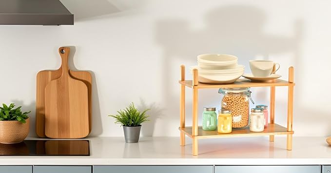 Expandable Bamboo Desktop Organizer Shelf Kitchen Cabinet and Counter Riser Display Shelf for Top of Desk Home Office Bathroom Coffee Table Display Stand- Useful Home & Housewarming Gift