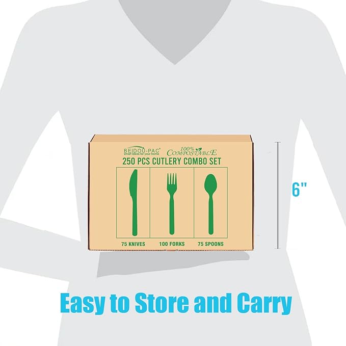 Compostable Eating Utensils, 250 Ct 7" Large Disposable Biodegradable Forks Spoons Knives Cutlery Set, Eco Friendly Heat Resistant Flatware Alternative to Plastic Silverware, BPI Certified