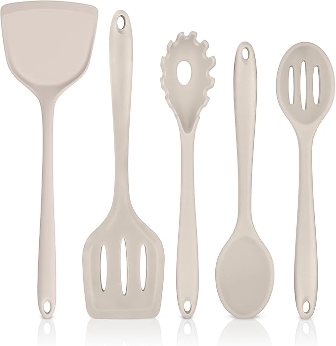 TeamFar Silicone Cooking Utensils Set, 5-Piece Heat Resistant Kitchen Utensils Set, Nonstick Slotted Solid Spoon Turner Pasta Server for Frying, Serving, Mixing, Non-Toxic & Dishwasher Safe, Khaki