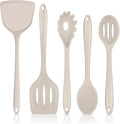 TeamFar Silicone Cooking Utensils Set, 5-Piece Heat Resistant Kitchen Utensils Set, Nonstick Slotted Solid Spoon Turner Pasta Server for Frying, Serving, Mixing, Non-Toxic & Dishwasher Safe, Khaki