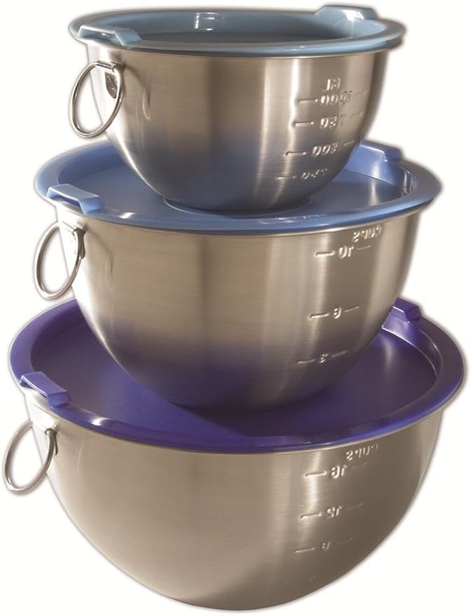 Tovolo Stainless Steel Mixing Bowls with Lid Set of 3 Nesting Mixing Bowls Small Medium Large, Dishwasher Safe Metal Bowl Set with BPA Free Lids Stamped Measurements for Measuring Cooking Baking