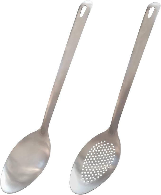 Cooking Spoon Set, 2Pcs 14.7" Stainless Steel Large Serving Spoons, Solid & Slotted Spoons for Restaurant, Metal Kitchen Utensils