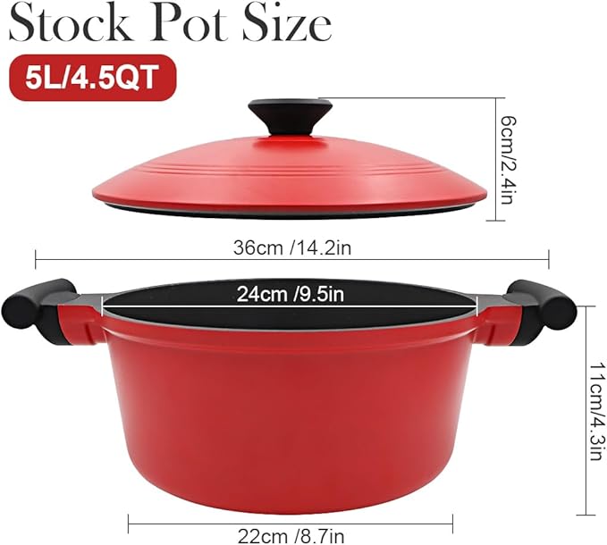 4.5 Qt Cast Aluminum Dutch Oven Pot for Stew Braise Soup Simmer and Fry, Large Nonstick Stock Pot with Lid & Stay-Cool Handle for All Stoves Including Induction, PFOA PFOS APEO Free