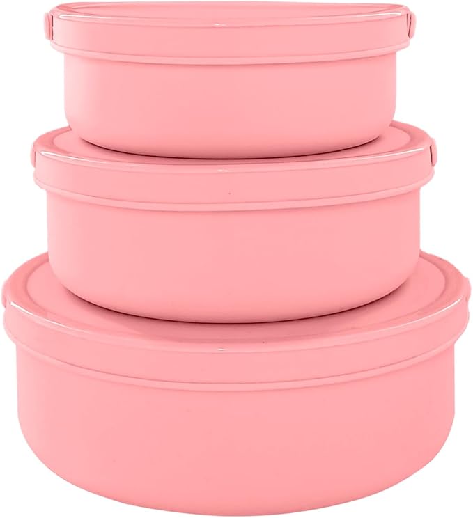 Silicone Food Storage Containers Bowl, Set of 3 Reusable Silicone Bento Lunch Box Containers with Lids (17oz, 25oz, 42oz) Dishwasher, Microwave and Freezer Safe (Pink)