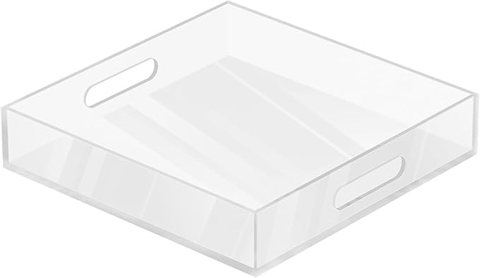 MAONAME Acrylic Serving Tray with Handles, 10"X10" Rectangular Clear Tray, Ottoman Decorative Trays, Coffee Table Trays for Countertop, Living Room, Office