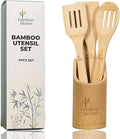 4 Piece kitchen utensils set - bamboo cooking utensils with comfort grip, including utensil holder, bamboo spoons, shovels & spatulas | wooden utensil set for non-stick pans, kitchen essentials