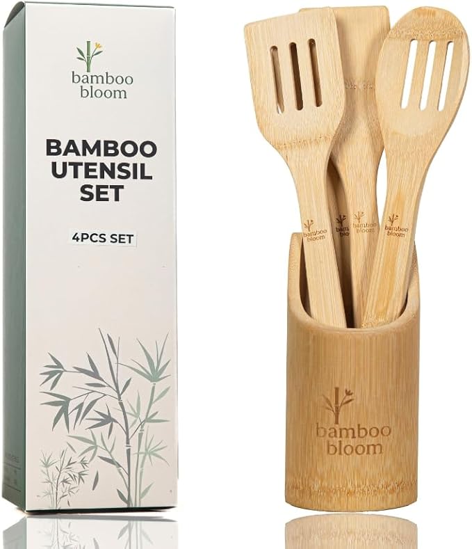 4 Piece kitchen utensils set - bamboo cooking utensils with comfort grip, including utensil holder, bamboo spoons, shovels & spatulas | wooden utensil set for non-stick pans, kitchen essentials