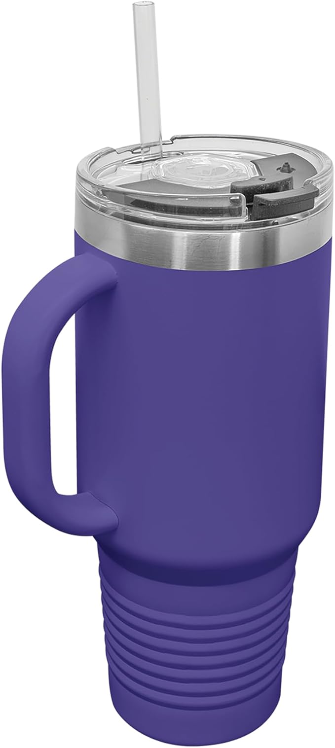 LaserGram 40oz Vacuum Insulated Travel Mug with Handle, Tiki Statue, Personalized Engraving Included (Dark Purple)