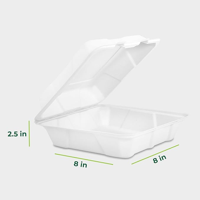 Freshware Clamshell Food Containers with Lids [8x8 100-Pack] Disposable To Go Containers, Biodegradable Sugarcane To Go Boxes - Paper Container - Microwave & Freezer Safe, Stackable