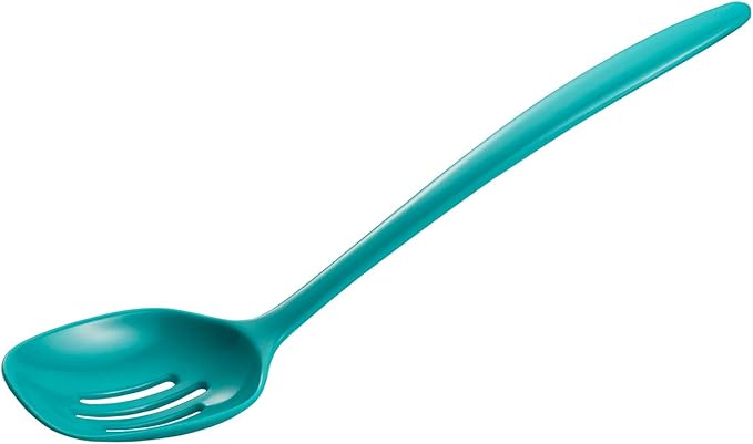 Hutzler 6-piece Melamine Cooking Utensils Set, Includes a 12-inch Long Slotted Spoon, Solid Spoon, Mixing Spoon, Slotted Turner, Soup Ladle, and Storage Crock, Turquoise