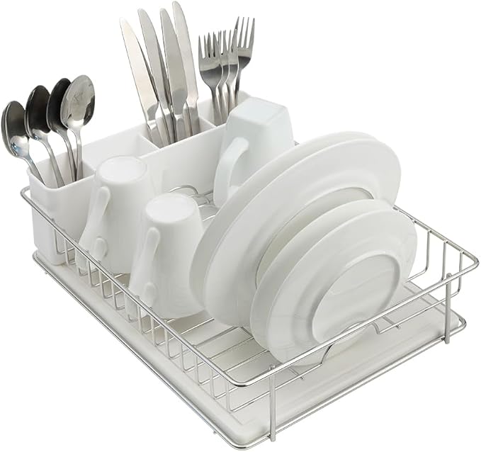 SunnyPoint 304 Stainless Steel Dish Drying Rack with Diatomaceous Earth Drainboard & Removable Utensil Caddy – Rust Resistant Countertop Dish Rack for Kitchen (Silvery-Grey)