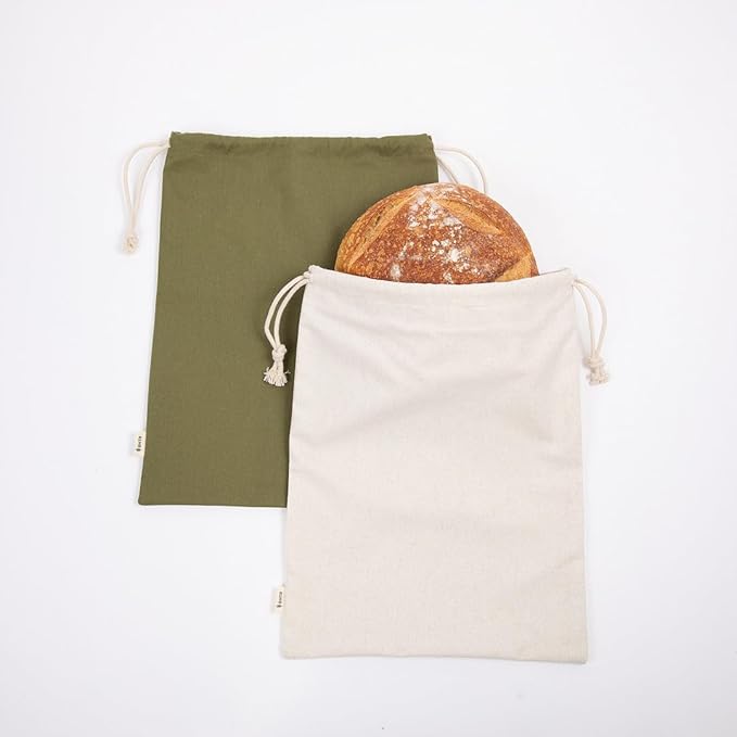 2-Pack Reusable Cotton Bread Bags (Green + Neutral) - Fits 2 Loaves | Food-Safe, BPA-Free Liner Keeps Homemade & Sourdough Bread Fresh | Eco-Friendly, Washable | BHTR Goods
