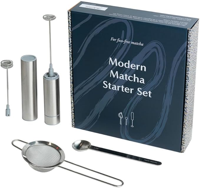 Naoki Matcha Modern Matcha Starter Set - Electric Matcha Whisk and Milk Frother with Single and Double Frother Head, Stainless Steel Spoon, Stainless Steel Sifter