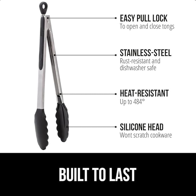 GORILLA GRIP Stainless Steel Heat Resistant Kitchen Tongs for Cooking, 9 + 14 Inch, Set of 2 BBQ Tong, Non Scratch Silicone Tip for Pan, Strong Grip, Grab Food, Toss Salad, Air Fryer, Pull Lock, Black