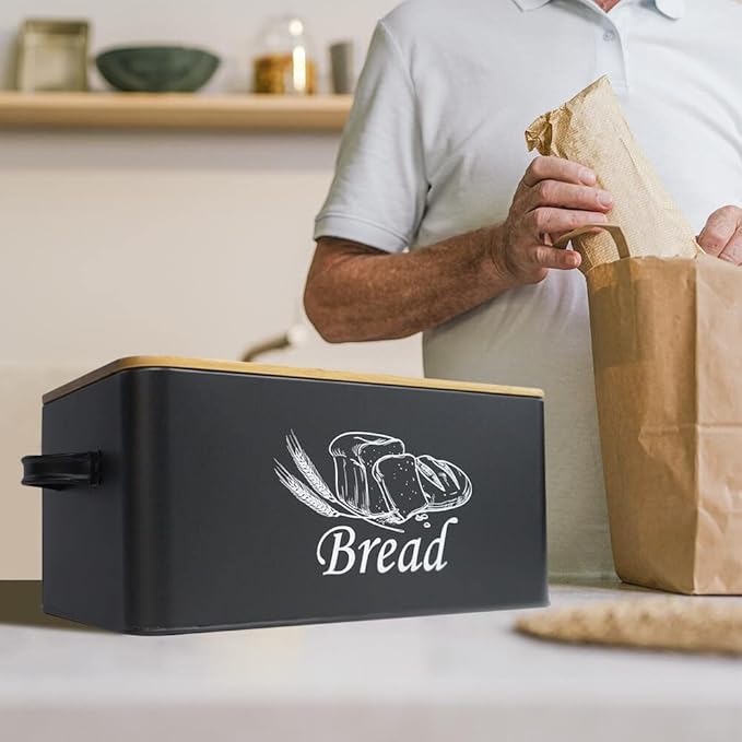 SOTECH Bread Box for Kitchen Countertop Metal BreadBox with Cutting Board Bamboo lid Black Bread Bin Farmhouse Food Storage Container Holder
