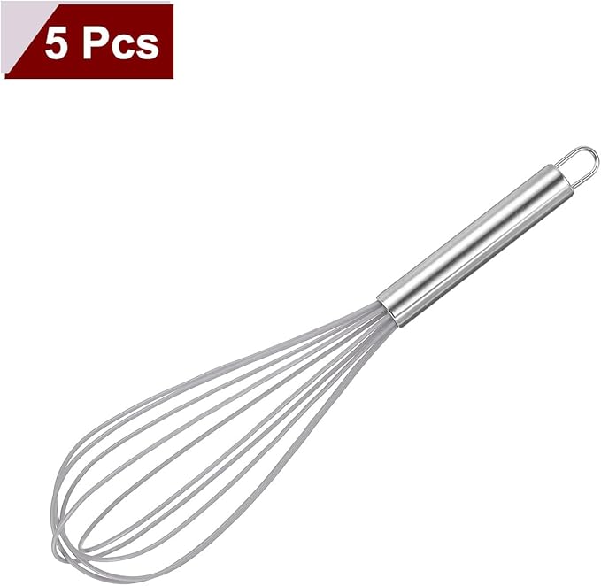 HARFINGTON 5Pcs Silicone Whisk 12" Kitchen Whisk Wire Whisks Beater with Stainless Steel Handle for Egg Milk Whisking Blending Beating & Stirring, Grey